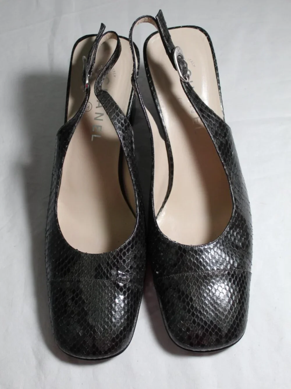 Chanel Vintage Snakeskin Print Cap Toe Slingback Heels Square Toe Pumps 40